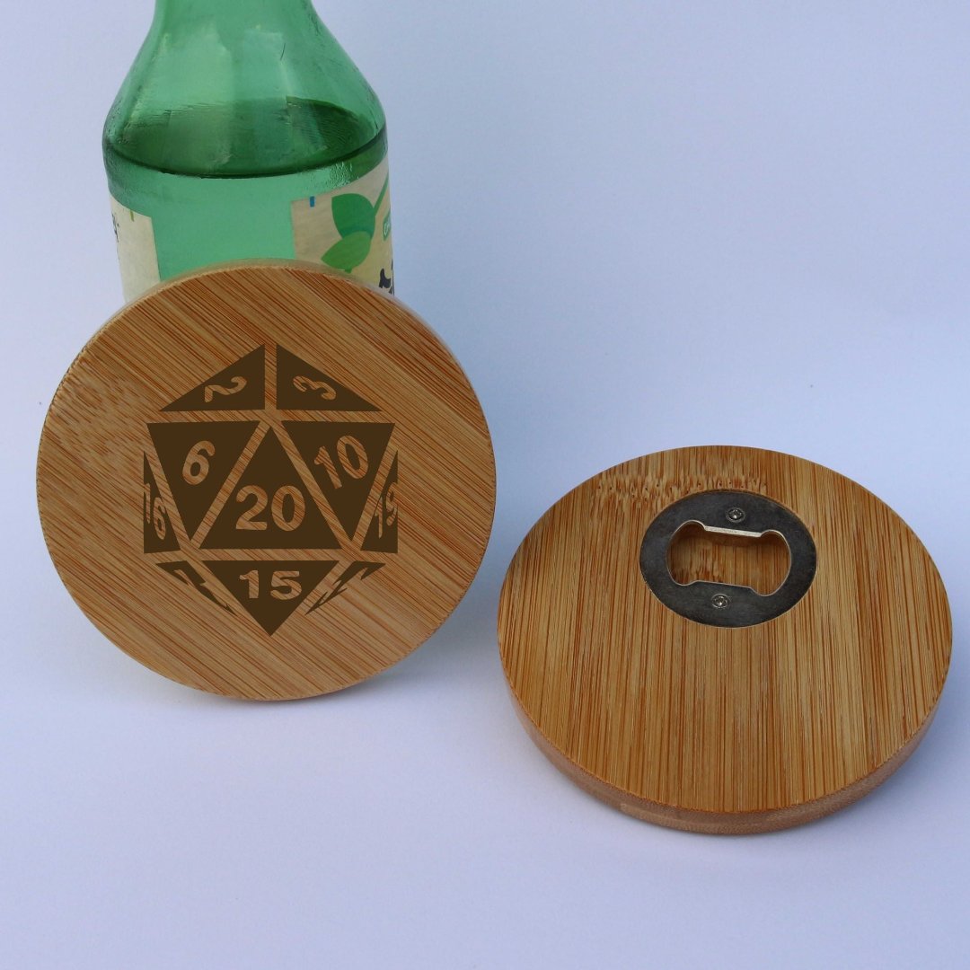 Engraved D20 Bamboo Bottle Opener Coaster - Set of 2