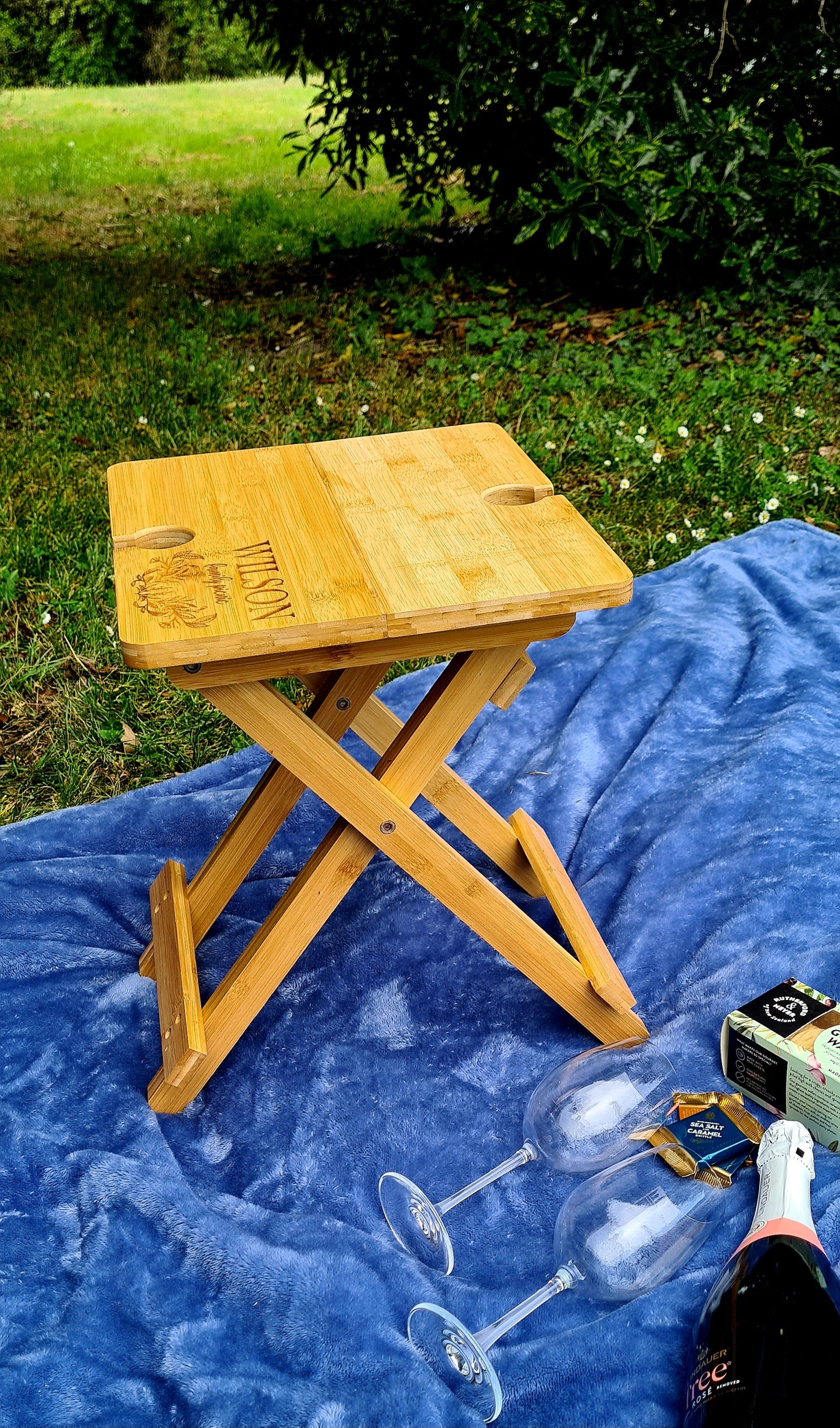 Engraved bamboo picnic table - foldable & portable