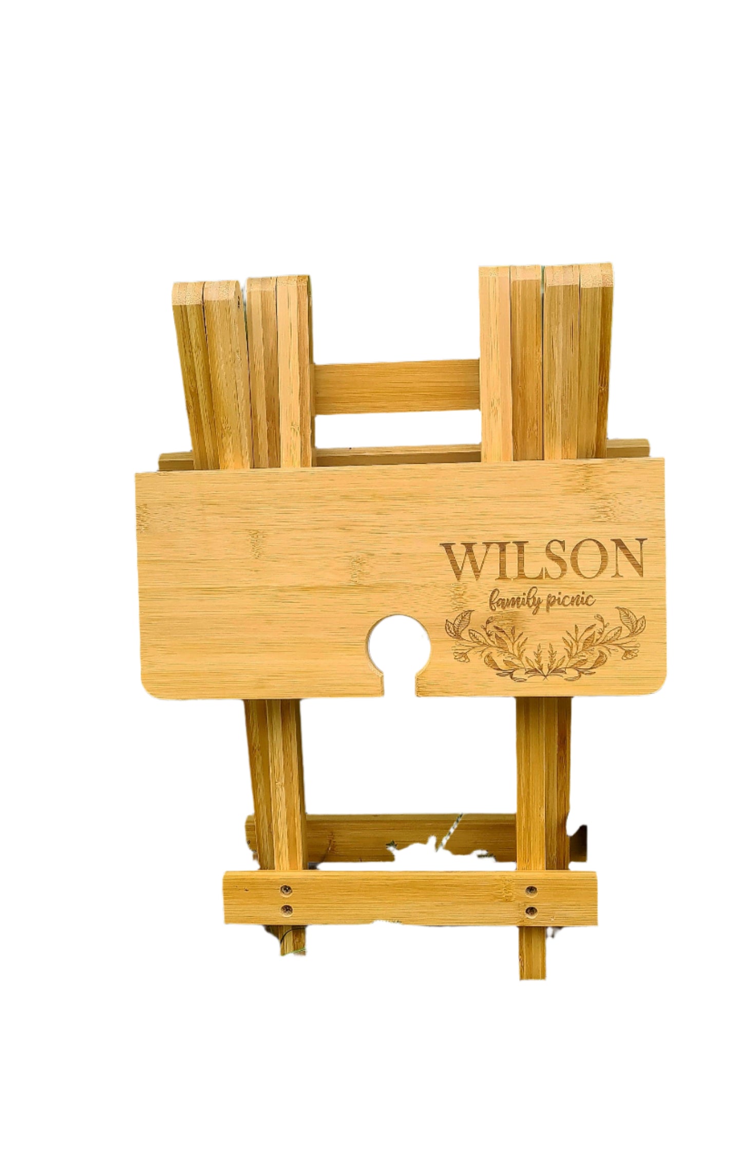 Engraved bamboo picnic table - foldable & portable