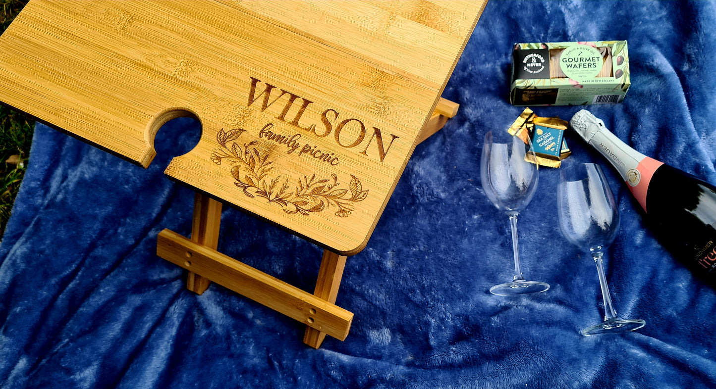 Engraved Bamboo Picnic Table - Foldable & Portable