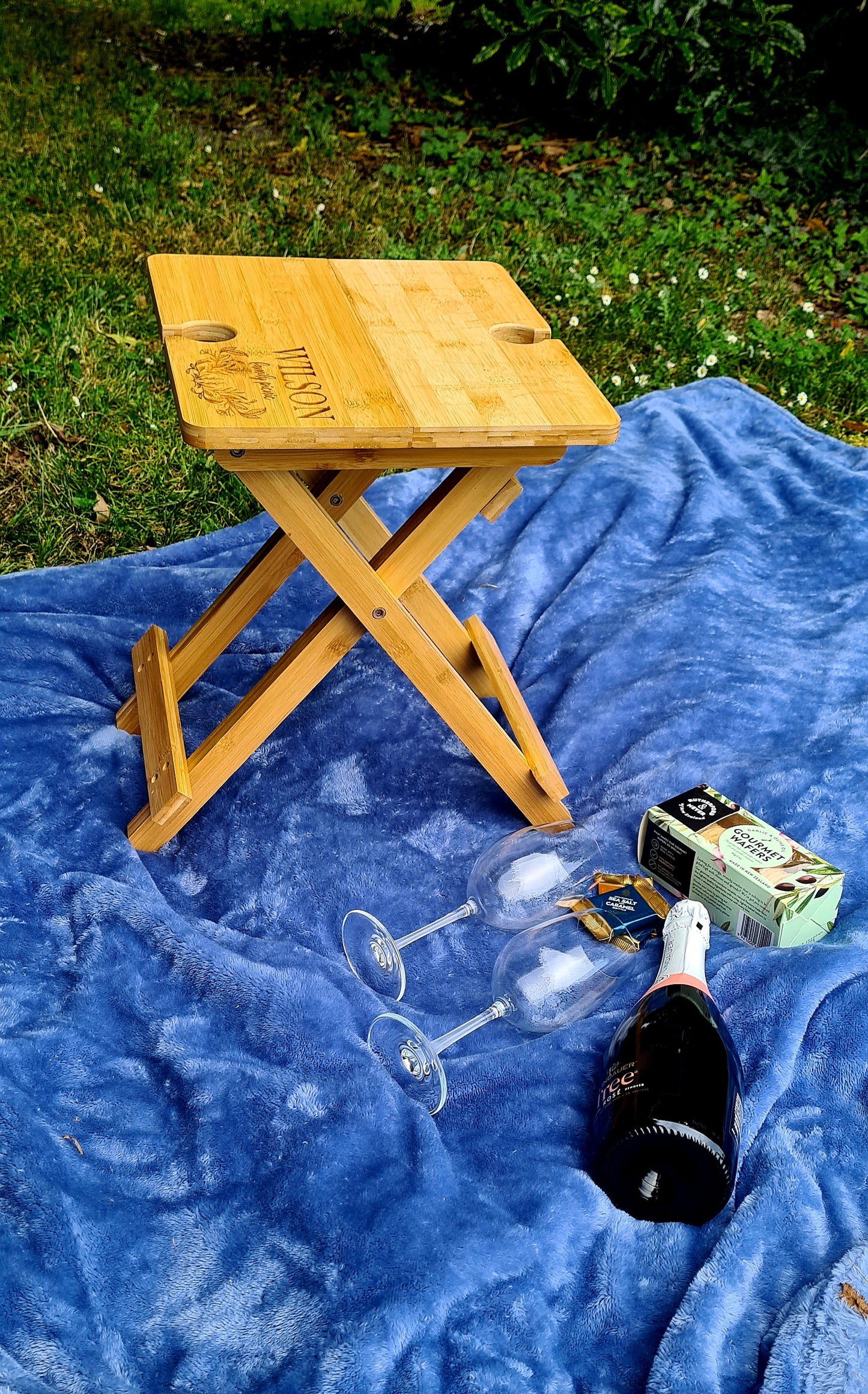 Engraved bamboo picnic table - foldable & portable