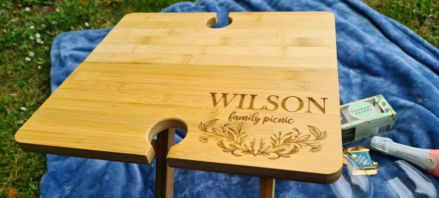 Engraved bamboo picnic table - foldable & portable