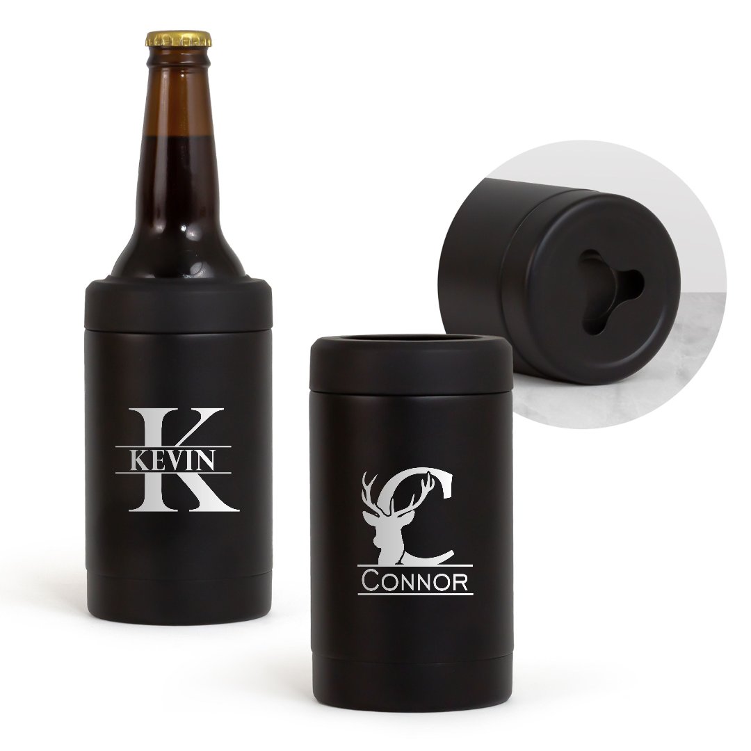 Engraved bottle cooler with opener