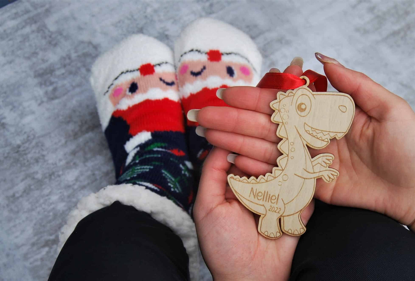 Personalised dinosaur Christmas ornament - wooden