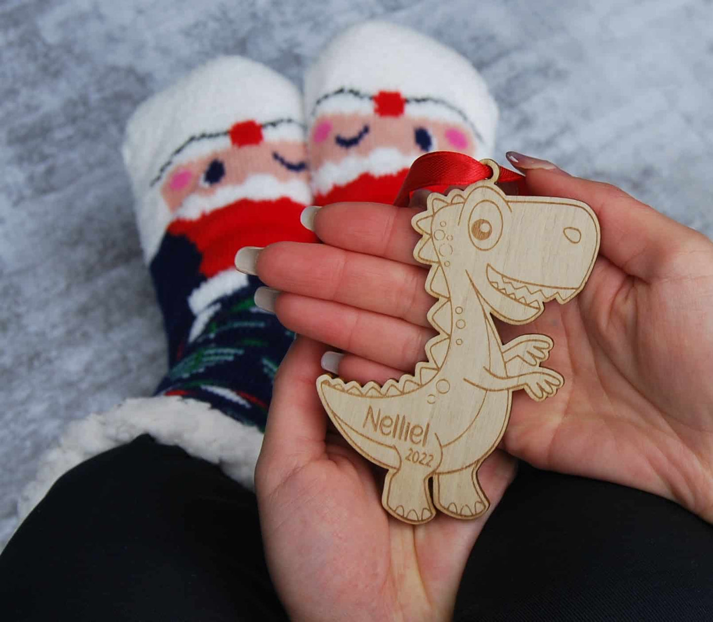 Personalised dinosaur Christmas ornament - wooden