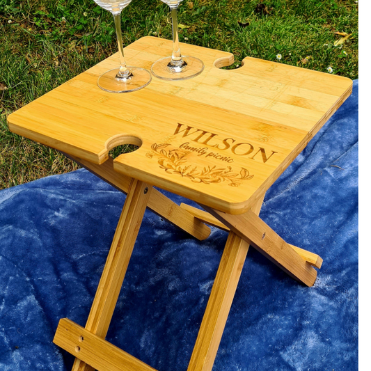 Engraved bamboo picnic table - foldable & portable