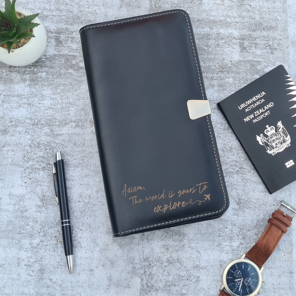 Personalised leather travel wallet