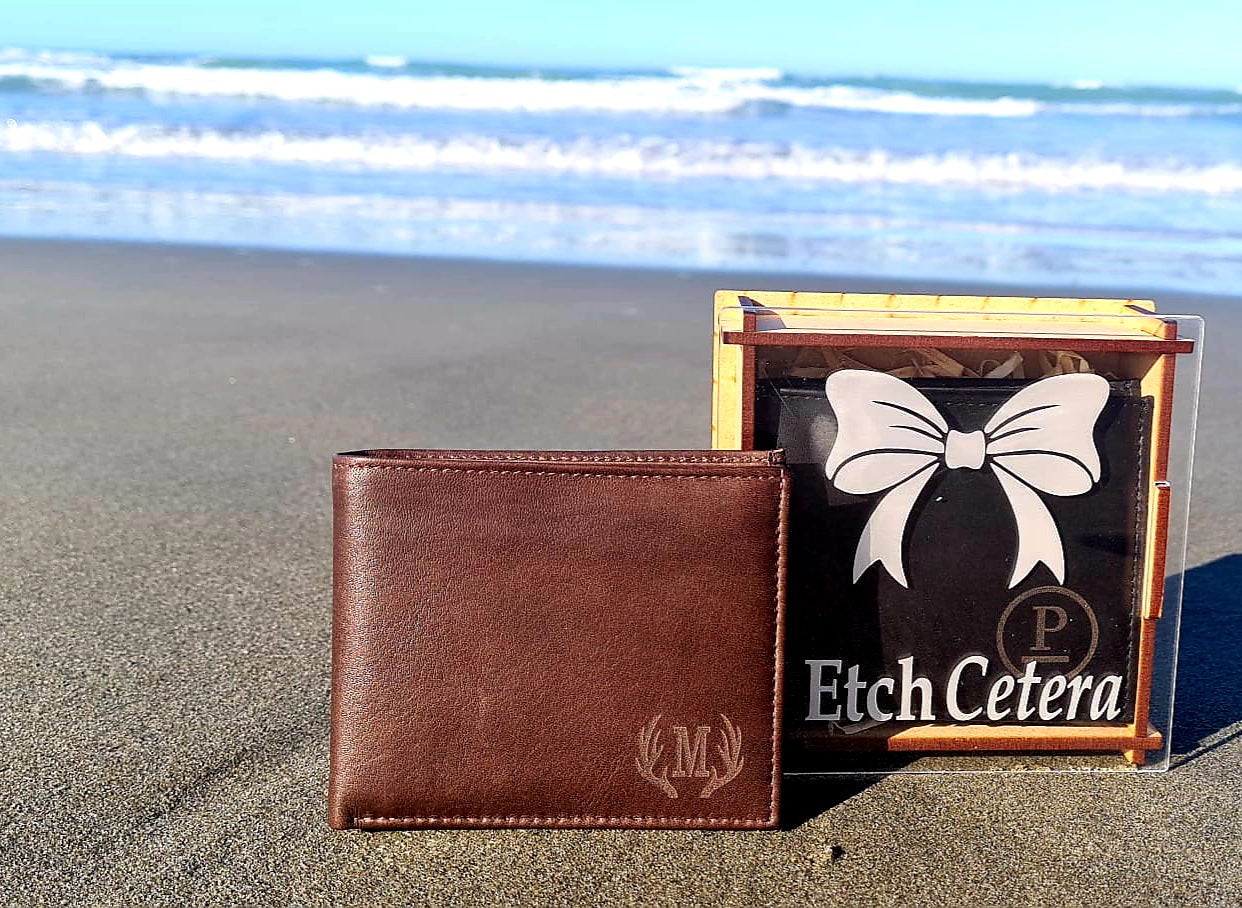 Brown leather wallet laser engraved